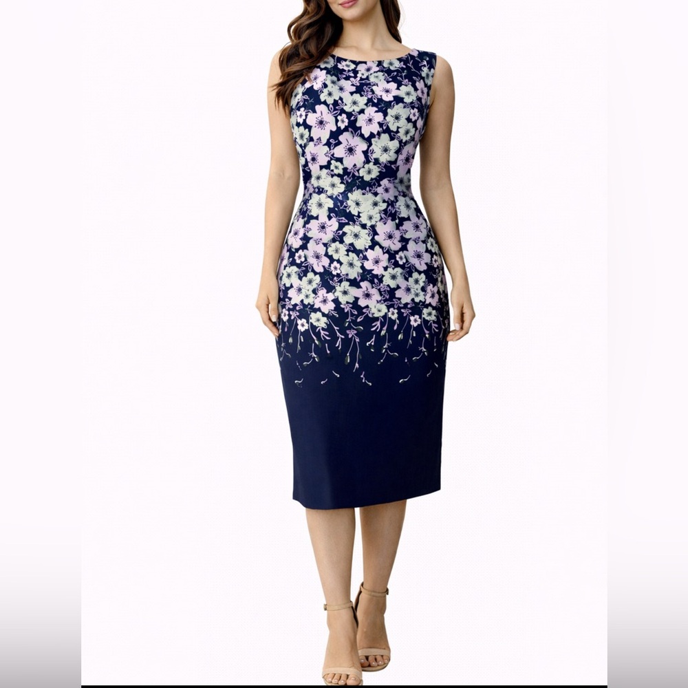 Talbots Sheath Dress 8 Blue Pink Gray Floral Sleeveless Career Church Party